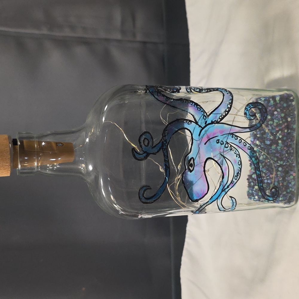 Hand Painted Bottle with Octopus Design and Blue LED Lights